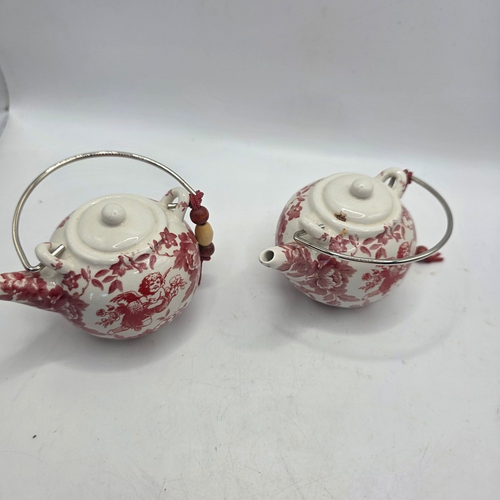 Vintage Miniature Porcelain Teapot Ornaments Pair Red Cherub Floral Made in Chin
